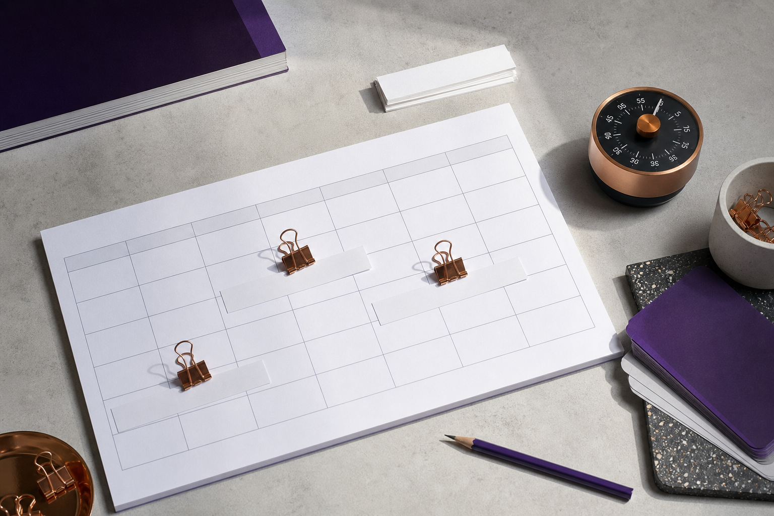 Papieren contentplanning met koperkleurige klemmen, paarse kaarten en een analoge timer